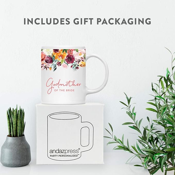 Andaz Press 11oz. Wedding Ceramic Coffee Tea Mug Gift, Fall Autumn Burgundy Orange Peach Flowers Roses Florals, Godmother of the Bride, 1-Pack, Includes Gift Box