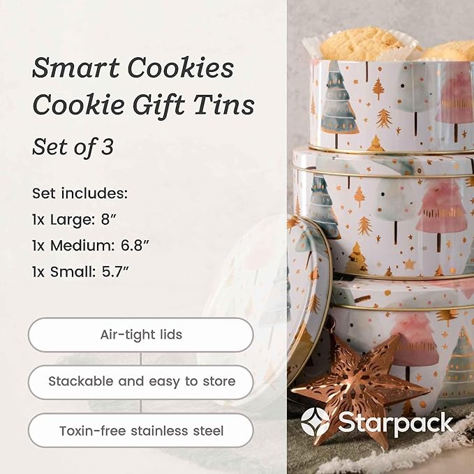 Starpack 'Smart Cookies' Holiday Cookie Tins with lids set of 3, metal cookie gift tins for Christmas and year round