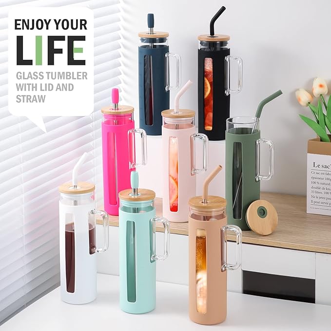 Kodrine Glass Tumbler with Handle, 24 oz Iced Coffee Cup Boba Smoothie Cup, Bamboo Lid Home Office Tumblers, Olive
