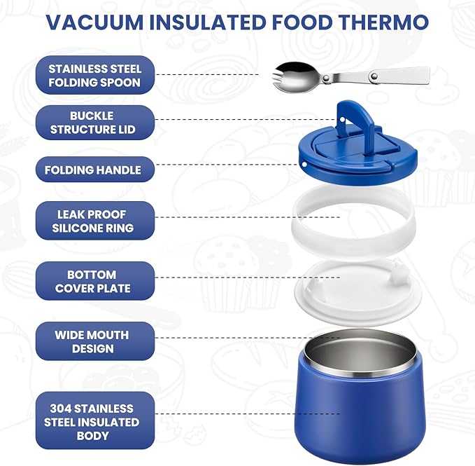 Soup Thermo for Hot Food Kids 14oz Lunch Containers with Buckle Lid Wide Mouth Hot Food Jar Vacuum Insulated Stainless Steel Bento Box Leakproof with Spoon (Light Blue)
