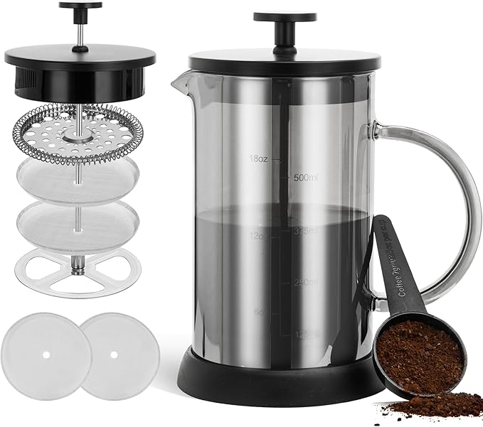 21 Ounce French Press Coffee Maker, 4-Cup Espresso Coffee Maker, Grey Cold Brew Heat Resistant Thickened Borosilicate Coffee Pot with 4 Stainless Steel Filter Screens