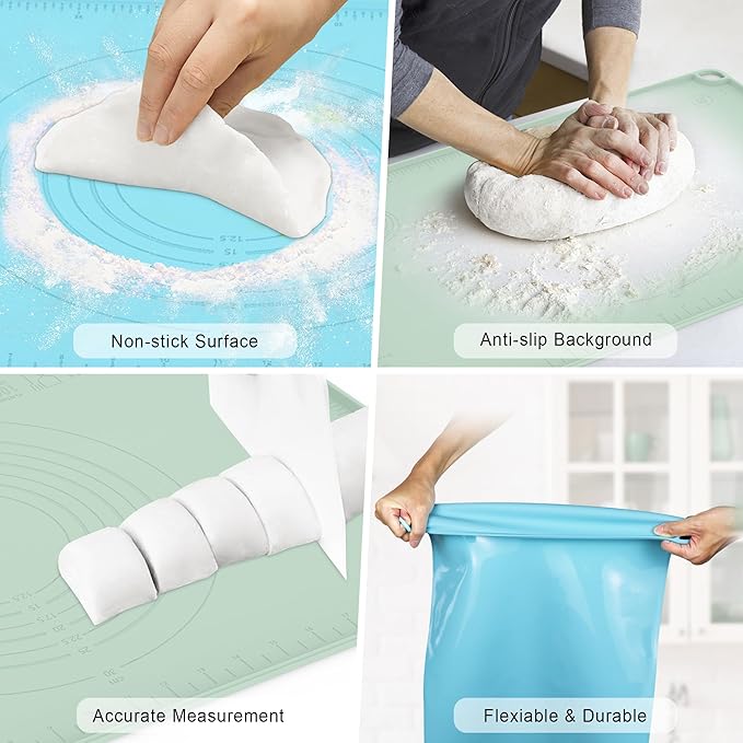 Silicone Baking Mat, Dough Rolling Mat 24''x16'', Pastry Mat for Rolling Dough, Silicone Pastry Pad with Measurements for Pizza, Macaron, Bread (Sage Green, XL)
