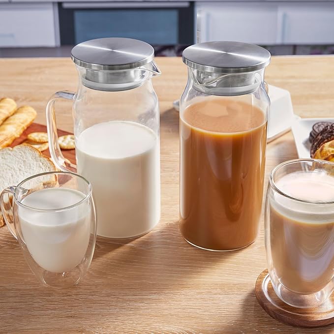 2 Pack 1.2 Liter 40 oz Small Glass Pitcher with Lid and Spout, Glass Carafe Water Pitcher for Hot/Cold Water, Iced Tea, Drinks, Coffee, Juice and Homemade Beverage
