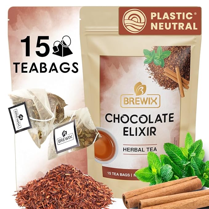 BREWIX, Chocolate Rooibos Herbal Tea Bags, (15 Pyramid Tea Bags) | Red Tea with Cocoa | Rooibos, Cinnamon, Spearmint, Peppermint Tea | Naturally Caffeine-Free