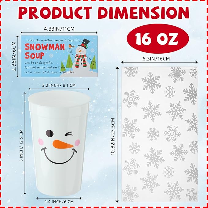 50 Sets Plastic Christmas Snowman Soup Kits for Classroom Coworker Exchange Gift 16 oz Winter Snowman Marshmallow Cups with Soup Tags Clear Xmas Bag for Hot Cocoa Chocolate