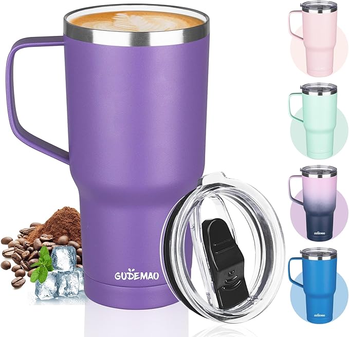 20 oz Insulated Coffee Mug with Ceramic Coating, Stainless Steel Travel Mug Tumbler with Handle Lid and Straw, Double Wall Leak-Proof Coffee Travel Mug Keeps Drink Hot and Cold (Purple)
