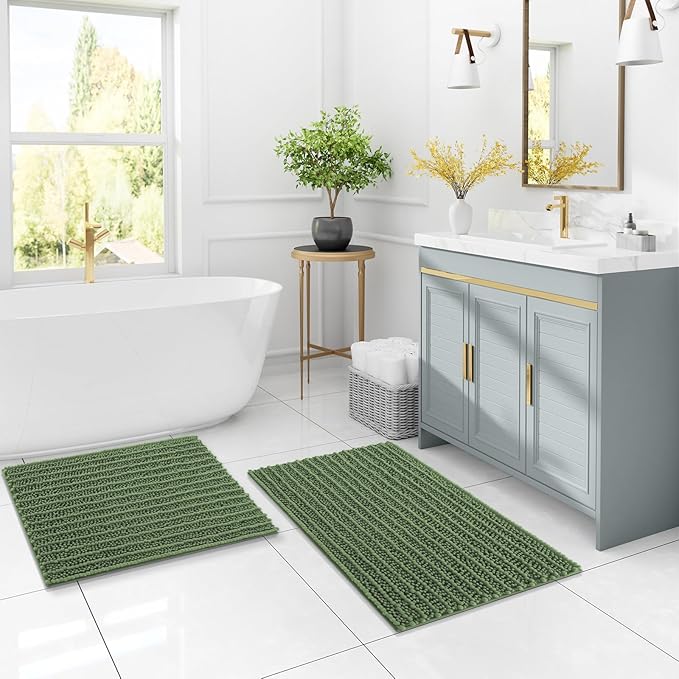 Arotive Luxury Chenille Bathroom Rug Mat, Extra Soft Thick Absorbent Shaggy Bath Rugs, Non-Slip Machine Wash Dry, Plush Bath Mats for Bathroom, Shower and Tub, 24x16, Olive Green