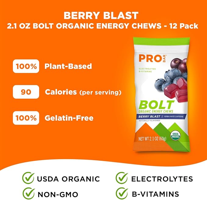 PROBAR - Bolt Organic Energy Chews, Berry Blast, Non-GMO, Gluten-Free, USDA Certified Organic, Healthy, Natural Energy, Fast Fuel Gummies with Vitamins B & C (12 Count)