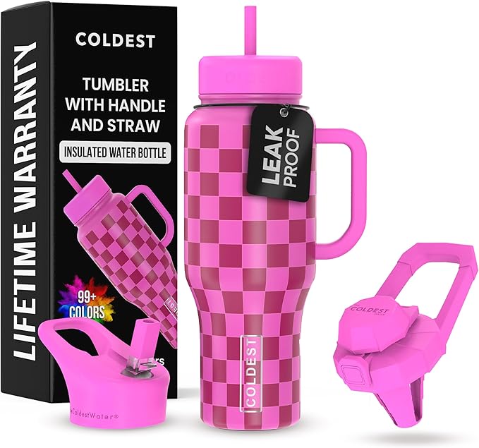 Coldest 40 oz Tumbler with Handle and Straw, 100% Leak Proof Insulated Tumbler with Lid and Straw (3 Lids), Stainless Steel Tumblers for Women & Men, Cup Holder Friendly, 36 oz (Purple Checkers)