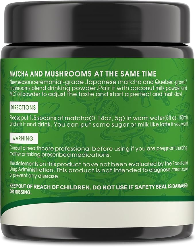 Mushroom Matcha Powder, Japanese Ceremonial Matcha Infused With 7 Superfood Mushrooms, MCT Oil, Coconut Milk Powder, Natural, Gluten Free, Taste Great Matcha Latter 8 Oz(45 Servings)