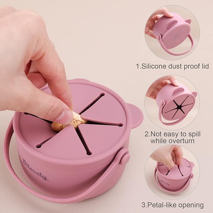 Snack Cups for Toddlers, Baby Snack Containers, Silicone Toddler Snack Cups No Spill, Food Catcher with Lid & Bucket-like Handle, BPA Free & Dishwasher Safe, 9 Ounce Rose