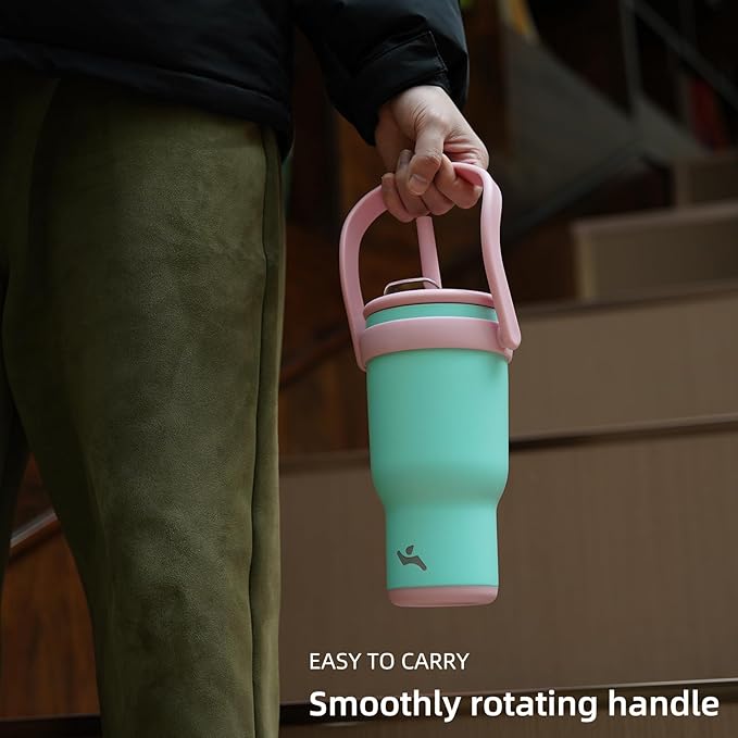 40 oz Tumbler with Side Handle, Insulated Water Bottle with Straw and 2 in 1 Lid, Stainless Steel Cup Travel Coffee Mug for Sports Office Gym,Guava