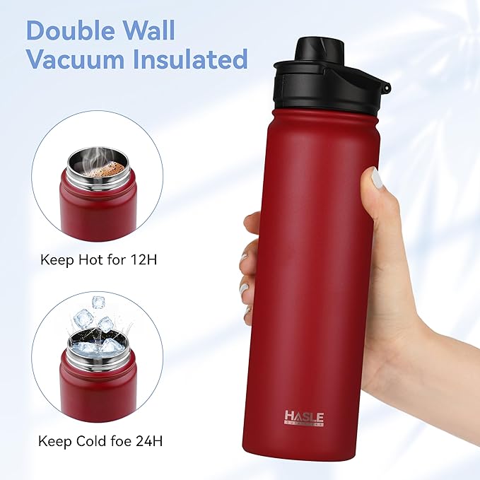 HASLE OUTFITTERS Insulated Water Bottle 22 oz Double Wall Stainless Steel Water Bottle Wide Mouth with Straw Lid & Spout Lid Keeps Cold or Hot(Red,8)