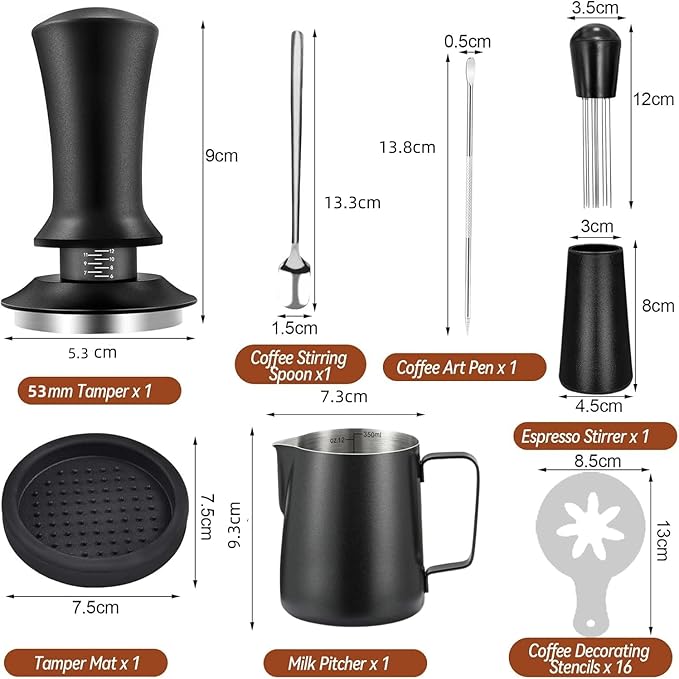 22 PCS Espresso Accessories Kit，53mm Coffee Tamper Set ，Barista Kit - with Frothing Pitcher WDT Tool Stirrer Tamper Mat Coffee Stencils Latte Art Pen
