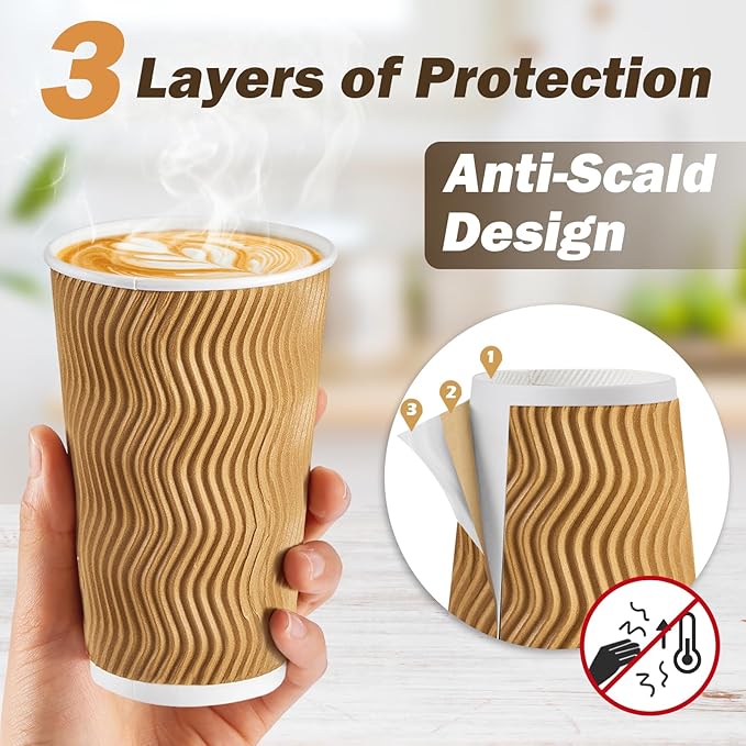 80 Pack 16 OZ Disposable Coffee Cups with Lids and Straws, Insulated Paper Coffee Cups with Lids, Corrugated Ripple Wall To Go Cups for Hot Drink, Coffee, Hot Chocolate, Water, Juice - Champagne
