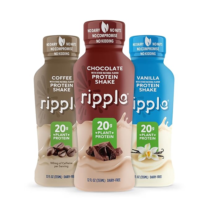 Ripple Plant Based Protein Shake Variety Pack | 20g of Quality Sourced Pea Protein, Calcium Rich | Shelf Stable | Vegan & Non GMO | Dairy, Soy, Nut, & Gluten Free | 12 Fl Oz Bottles (Pack of 12)