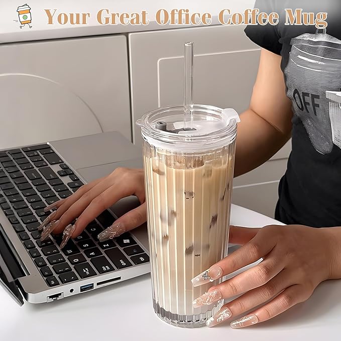 18oz Ribbed Glass Tumbler with Lid and Straw Set of 2: Leak-Proof Drinking Glasses to Go, Reusable Iced Coffee Cups for Cold Drinks, Juice, Smoothie, Glass Cups with Stylish Ribbed Design
