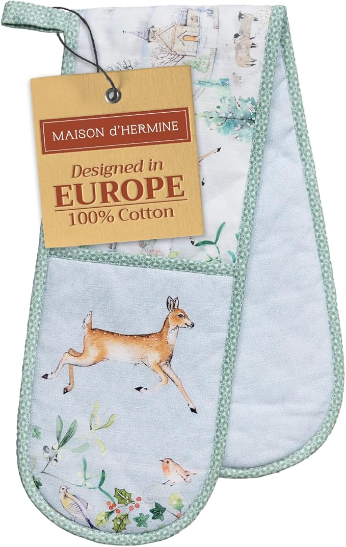 Maison d' Hermine Double Oven Mitts 100% Cotton 7"x35" Double Oven Mitt Heat Resistant BBQ Cooking Gloves with Loop, Baking, Grilling, Home, Kitchen, Handling Hot Pans (Snowy World)