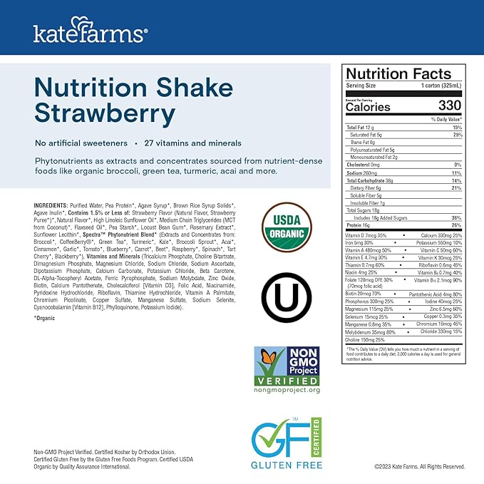 Kate Farms Organic Nutrition Shake, Strawberry, 16g Protein, 27 Vitamins and Minerals, Meal Replacement, 11 oz, 12 Pack