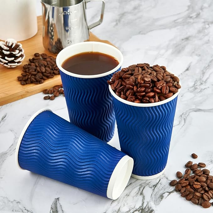JollyPack Paper Coffee Cups, 16 oz, Blue, 60 Pack, Heat Resistant, Disposable, Ripple Wall, for Coffee, Tea, Hot Chocolate