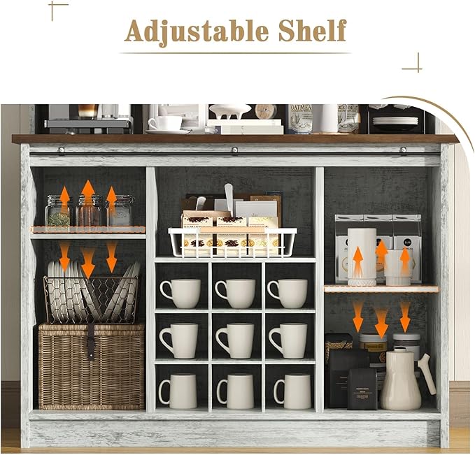 4 EVER WINNER Coffee Bar with 3-Tier Storage, 67" Coffee Bar Cabinet with Sliding Barn Doors & Wine Rack, Kitchen Hutch Cabinet for Living Room, Dining Room, Grey
