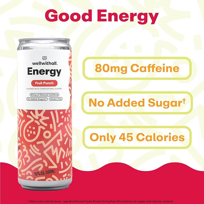 WellWithAll Energy Drink Variety Pack – Fruit Punch, Tropical Mango, and Peach Flavors – Caffeine from Tea – With Vitamin C – Lightly Sparkling Beverage – Fruit & Veggie Juice Blend – 12 Oz (Pack of 12 – 4 Cans of Each Flavor )