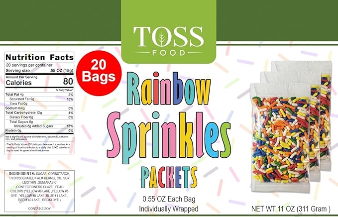 Rainbow Sprinkles in Individual Portion Packets - Ready-to-Use Colorful Sprinkles for Cake Decorating,Baking,Ice Cream Toppings for Parties - Single-Serve .55 oz Pouches (20 Count)