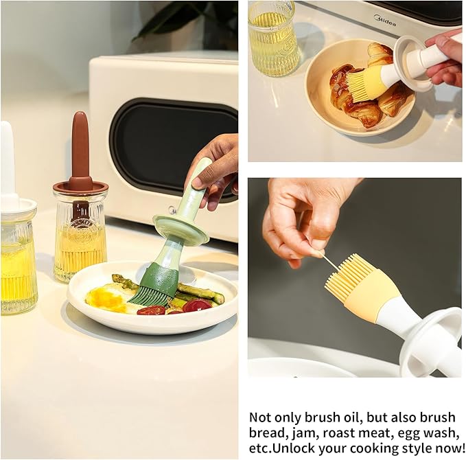 Oil Dispenser with Brush - Glass Olive Oil Dispenser for Kitchen, 3 IN 1 Oil Dispenser Bottle with Silicone Basting Brush for Cooking Vinegar Sauce BBQ Grill Frying (Green)
