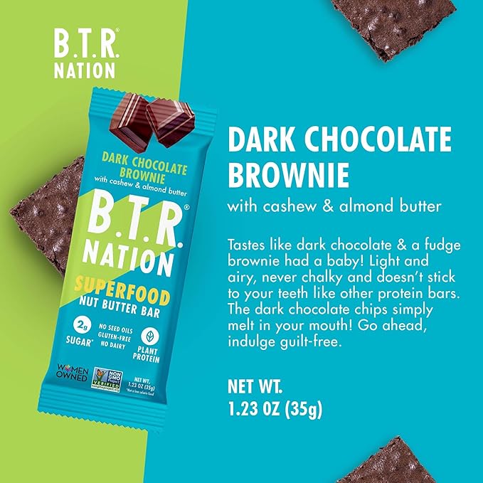 B.T.R. Nation Vegan Keto Superfood Protein Bars - Brownie RECHARGE | 4 Bars | Low Carb, Plant Based, and Gluten Free, Free of Sugar Alcohols and Boosted with Powerful Superfoods!