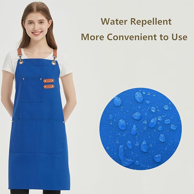 AFUN Chef Aprons for Women Men with Large Pockets, Cotton Canvas Cross Back Water Repellent Work Apron, Size M to XXL (Royalblue)