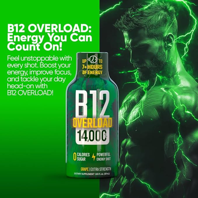 B12 Overload Extra Strength Energy Shot – Grape – 260mg Caffeine, 14000% B12, Electrolytes – Energy & Vitality Support – Zero Sugar No Calories – Vegan, Kosher, Gluten-Free – 1.93 fl oz, 24-Pack