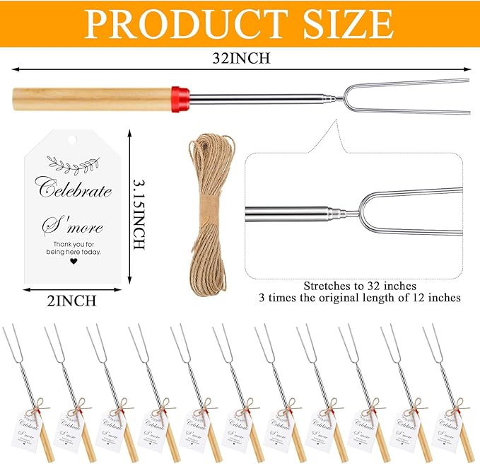 6 Sets S'mores Party Favor Includes Smores Sticks for Fire Pit Celebrate Smore Birthday Party Favors Tags with String Extendable Marshmellow Sticks Smores Skewers for Wedding Camping