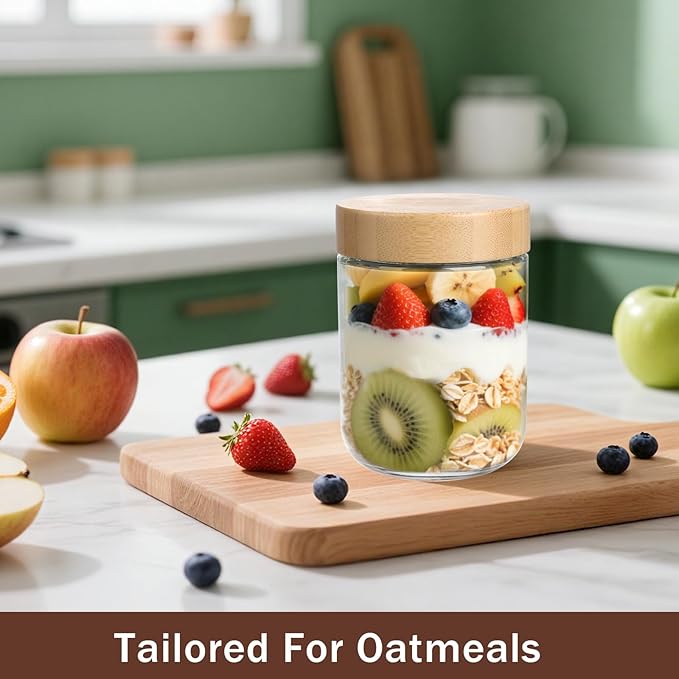 OcePor 4 Pack 16oz Glass Jars with Bamboo Lids, Over Night Oats Container with Airtight Lid, Glass Snack Storage Salad Jars For Food, Yogurt, Sugar and Flour,Coffee Bean, Cookie, Cereal