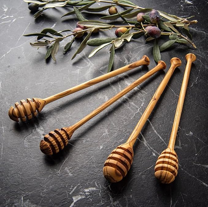Olive Wood Honey Dipper/Honey Spoon/Honey Server/Honey Stick – 7.1 Inch Handmade Thin Wooden Drizzler