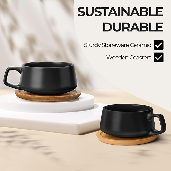 MIAMIO – 11 Oz., Set of 4 Ceramic Tea Cup and Saucer Bamboo/Tea Mug - Wide Cappuccino Cup, Coffee Cups Ceramic Mug for Cappuccino, Latte, Espresso & Americano - Luxe Collection (Black)