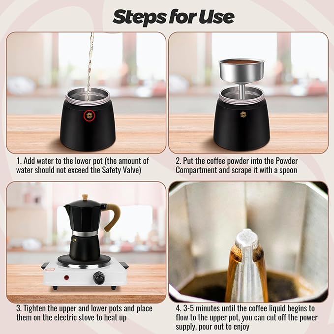 3 Cup Aluminum Moka Pot Classic Stovetop Espresso Coffee Maker 150ml 5oz Coffeemaker Percolator Mocha Pot Greca Coffee Maker Cafe Makers for Italian and Cuban Café Brewing Black