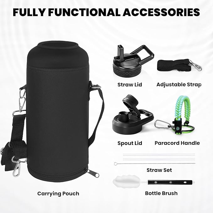 Insulated Water Bottle 87 oz, Triple Wall Vacuum Stainless Steel (Cold for 48 Hrs), Leak Proof & Non-BPA, Modern Water Flask Jug with Paracord Handle & Straw Spout Lids, Ombre Green