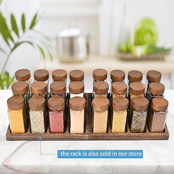 Yangbaga 24Pcs Glass Spice Jars with Labels-4oz Acacia Wood Lid Square Spice Containers and 2pcs Rack with Pepper Grinder Lids &Funnel,Seasoning Jars for Rack Cabinet Drawer