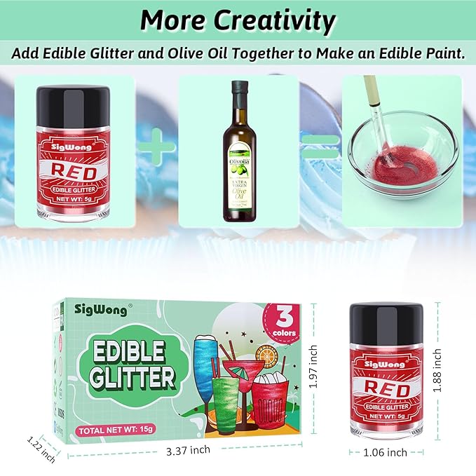 Edible Glitter Set, 3 Colors Luster Dust Edible Glitter, Food Grade Metallic Food Decorating Sprinkle Dust for Drinks Wine, Powder Glitter for Fondant, Chocolate, Candy, Cookie, 5g/0.18oz, Vegan
