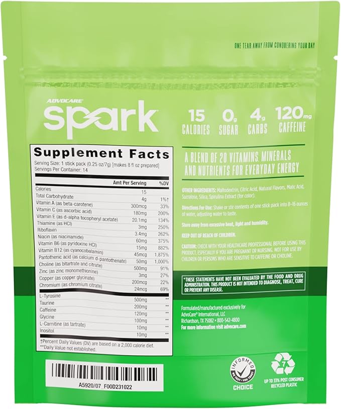 AdvoCare Spark - Energy Drink Mix - Vitamin & Amino Acid Supplement - Supports Energy & Focus* - Portable Immune Support* - Sugar-Free - Limeade, 14 Stick Packs (3.5 oz)