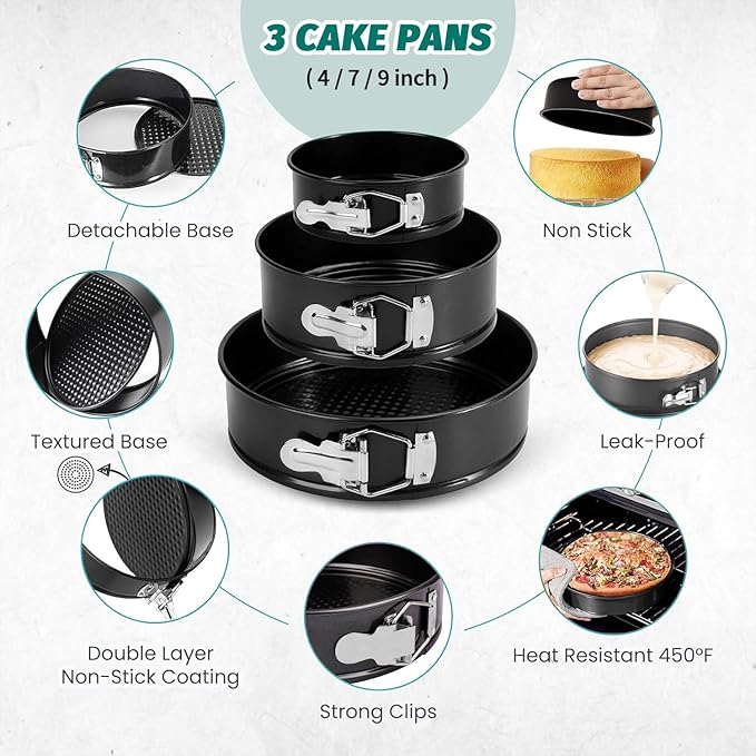 SHIKORI Cake Pan Set for Baking, Non-Stick Springform Pans Set of 3 (4, 7, 9 inch), Round Cake Pans,Cheesecake Pan, Leak-Proof Cake Pans with Removable Bottom-Black 3 Pcs