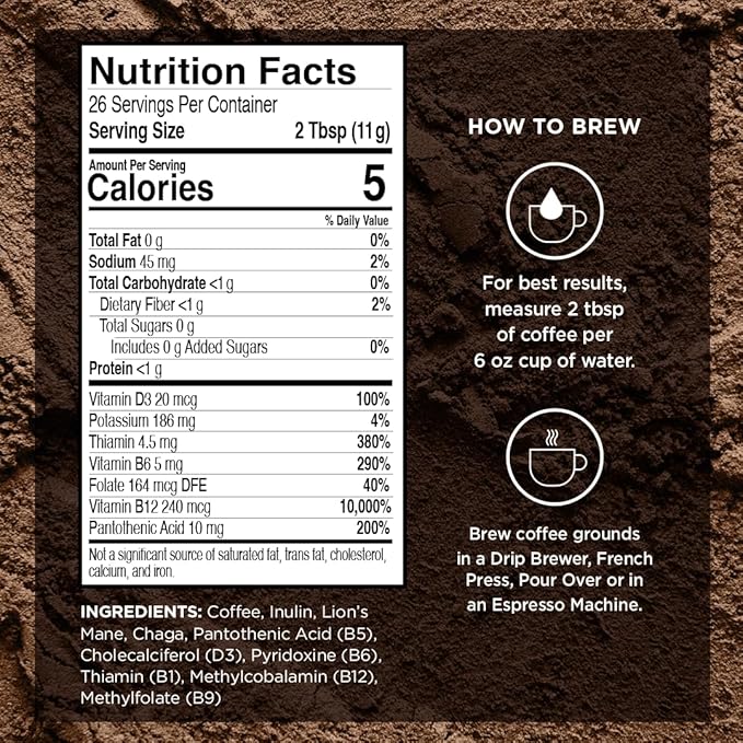 VitaCup Focus Mushroom Coffee Grounds, Vanilla Flavored Coffee with Lions Mane, Chaga, B Vitamins, D3, Boost Focus, Immunity, Memory & Clarity, Medium Dark Roast, 100% Arabica Specialty, 4 bags, 10oz each