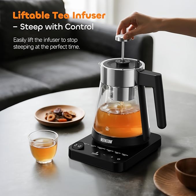 Electric Tea Kettle with Infuser 1.7L Glass Electric Kettle with Temperature Control Automatic Shut Off 12H Keep Warm for Tea Coffee Water Heater, Black