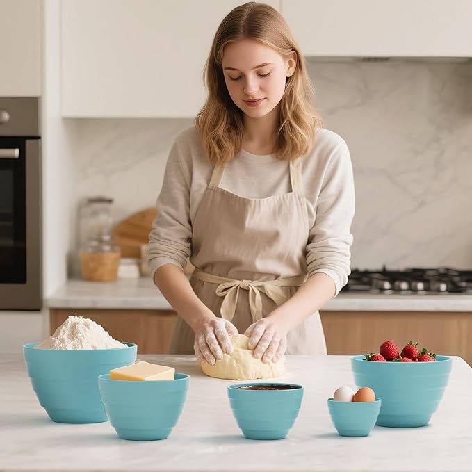 TP Mixing Bowls with Lids, 10-Piece Nesting Melamine Bowls Set for Prepping Serving Baking Cooking, Non Slip Bottom, Set of 5, Teal