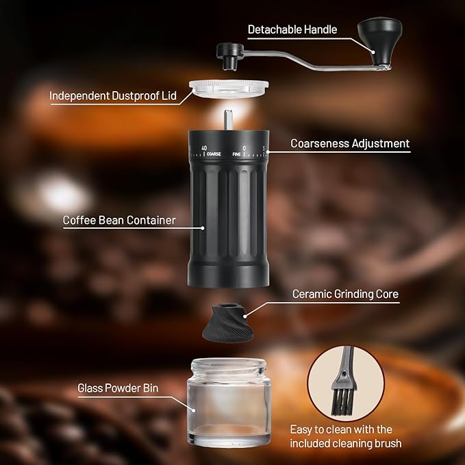 Manual Coffee Grinder, 25g Capacity Coffee Maker with 40 External Adjustable Settings, Conical Ceramic Burr Mill for Espresso Pour Over, Portable Espresso Grinder for Home Travel Camping Office