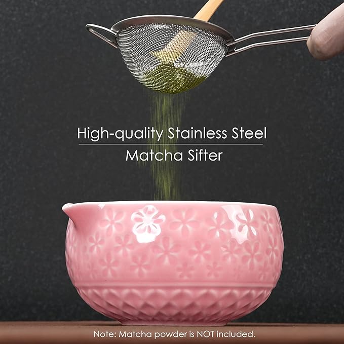 7Pcs Matcha Whisk Set, Ceramic Matcha Bowl with Spout, Bamboo Whisk and Holder, Bamboo Scoop, Scoop Rest, Sifter and Tea Towel, Matcha Kit with Cherry Blossom Carved Patterns for Matcha Lovers (Pink)