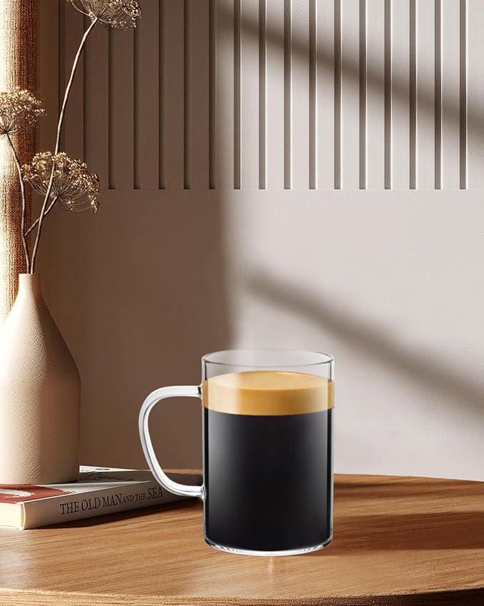 LUXU Glass Coffee Mugs 16 oz,Set of 4 Large Glass Coffee Cups Clear Tea Cups,Iced Coffee Glasses,Lead-Free Drinking Glasses for Water,Cappuccino,Latte,Cereal,Yogurt,Milk-Flat Bottomed Design