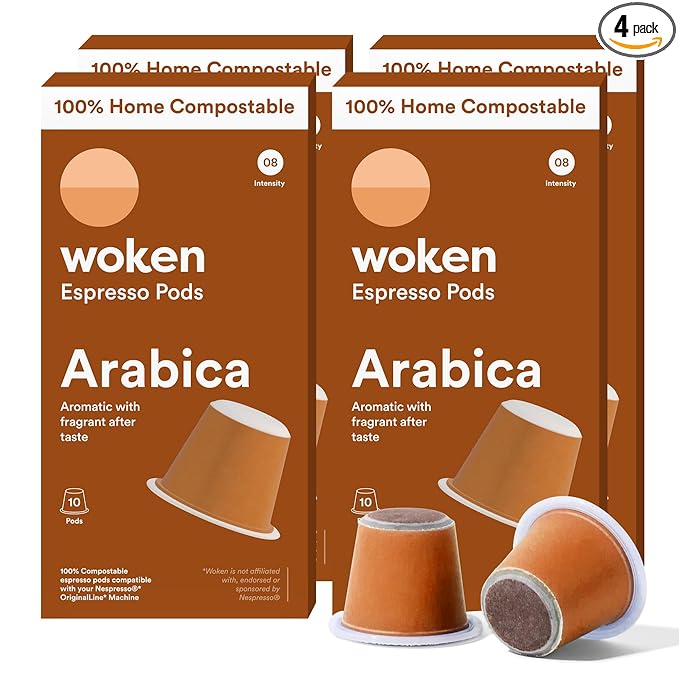 WOKEN COFFEE Compostable Nespresso Pods - Arabica Medium Roast Italian Espresso Coffee Capsules Compatible With Nespresso Coffee Machine (40 Pod Count, 4 Boxes)