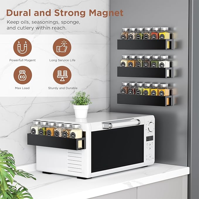 4 Pack Magnetic Spice Rack with 24 Spice Jars, Spice Labels, Chalk Marker and Funnel Set, Magnetic Spice Organizer Shelf for Refrigerator, Microwave, Seasoning Organizer for Kitchen