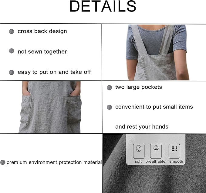 ZQFFB Pinafore Cross Back Apron for Women with Pockets Japanese Smock for Work Gardening Cooking Painting Baking